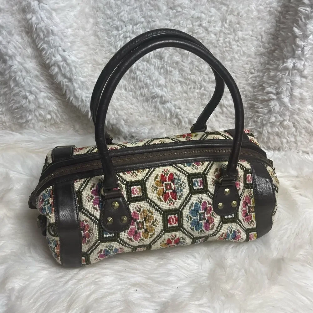 Anthropologie Nest cross stitch embroidery Satchel, leather brown trims & straps